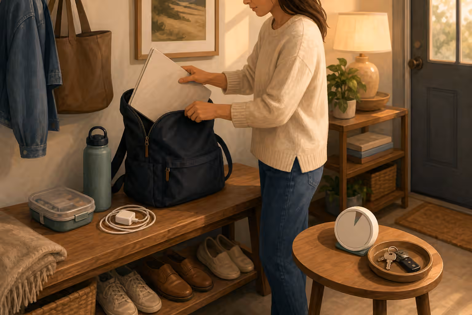 An open daily bag on an entry bench with a blank folder, charger, water bottle, lunch container, keys, and timer.