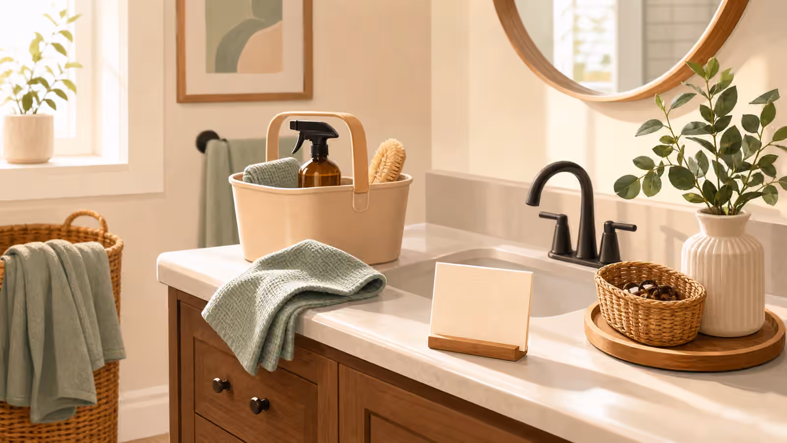 A bright bathroom counter with cleaning caddy, cloth, towel, basket, tray, and blank cue card.