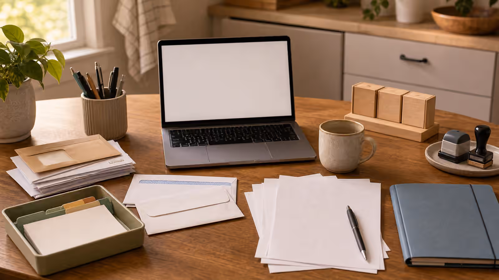 A kitchen table with blank papers, envelopes, laptop, pen, tray, calendar blocks, and a color folder.