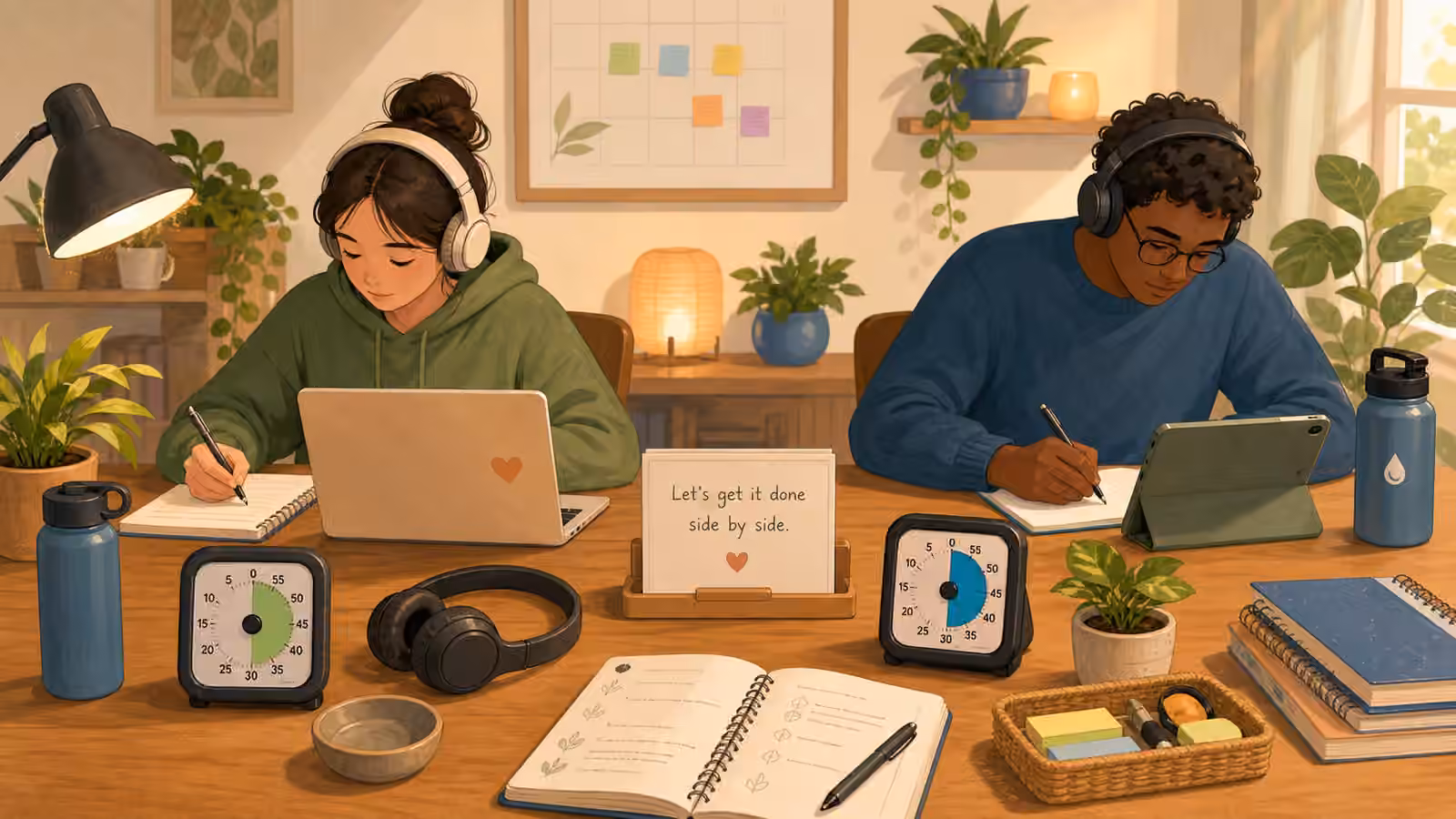 Two people working quietly in parallel with timers, notebooks, water bottles, headphones, and a small check-in card.
