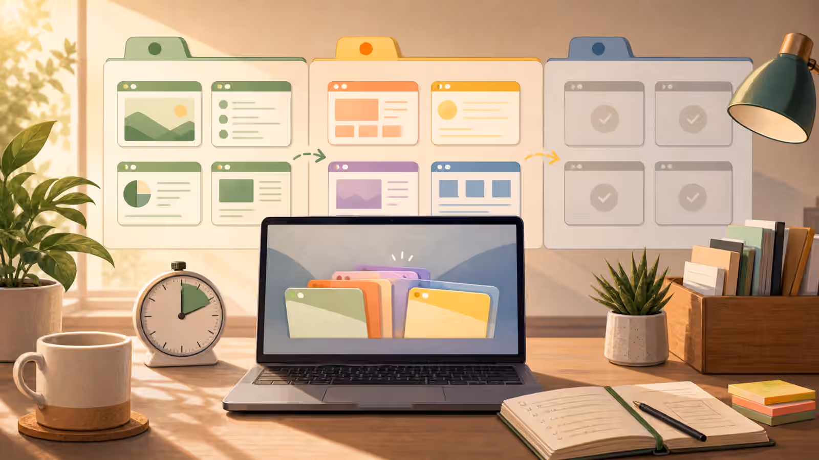 A desk with laptop, abstract browser cards, timer, notebook, and parked work zones.