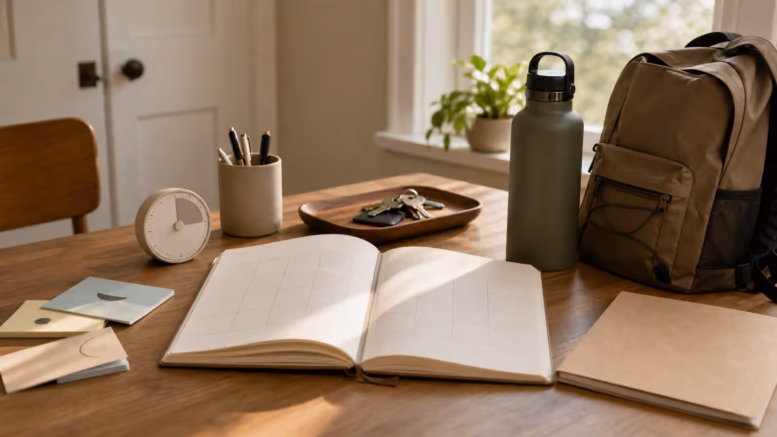 A calm desk with a blank calendar, timer, keys, folder, water bottle, and backpack staged near a doorway.