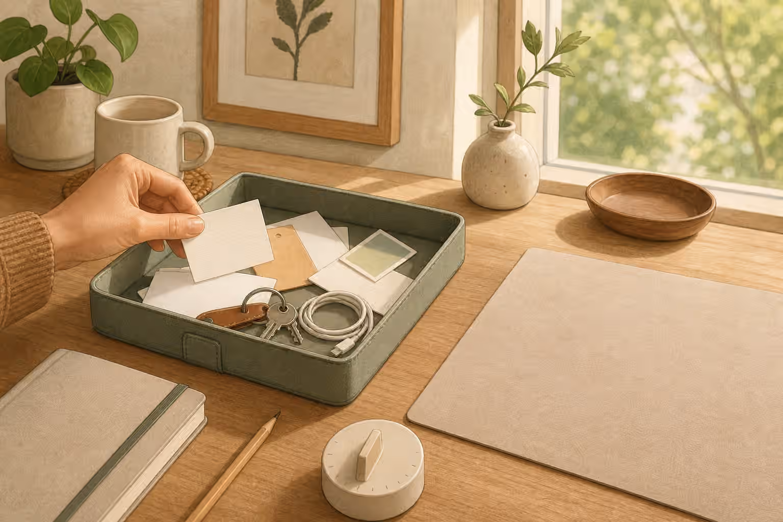 A small tray on a desk catching blank cards and everyday reminders beside a timer and notebook.