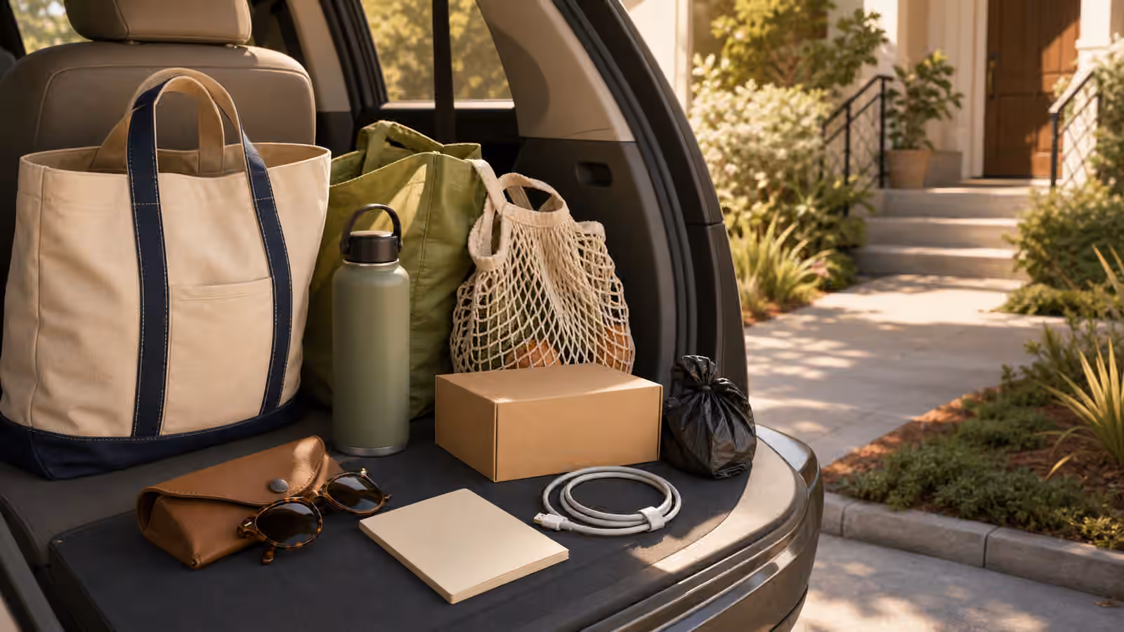 An open car seat and trunk edge with a tote, reusable bags, water bottle, sunglasses case, cable, package box, and notepad card.