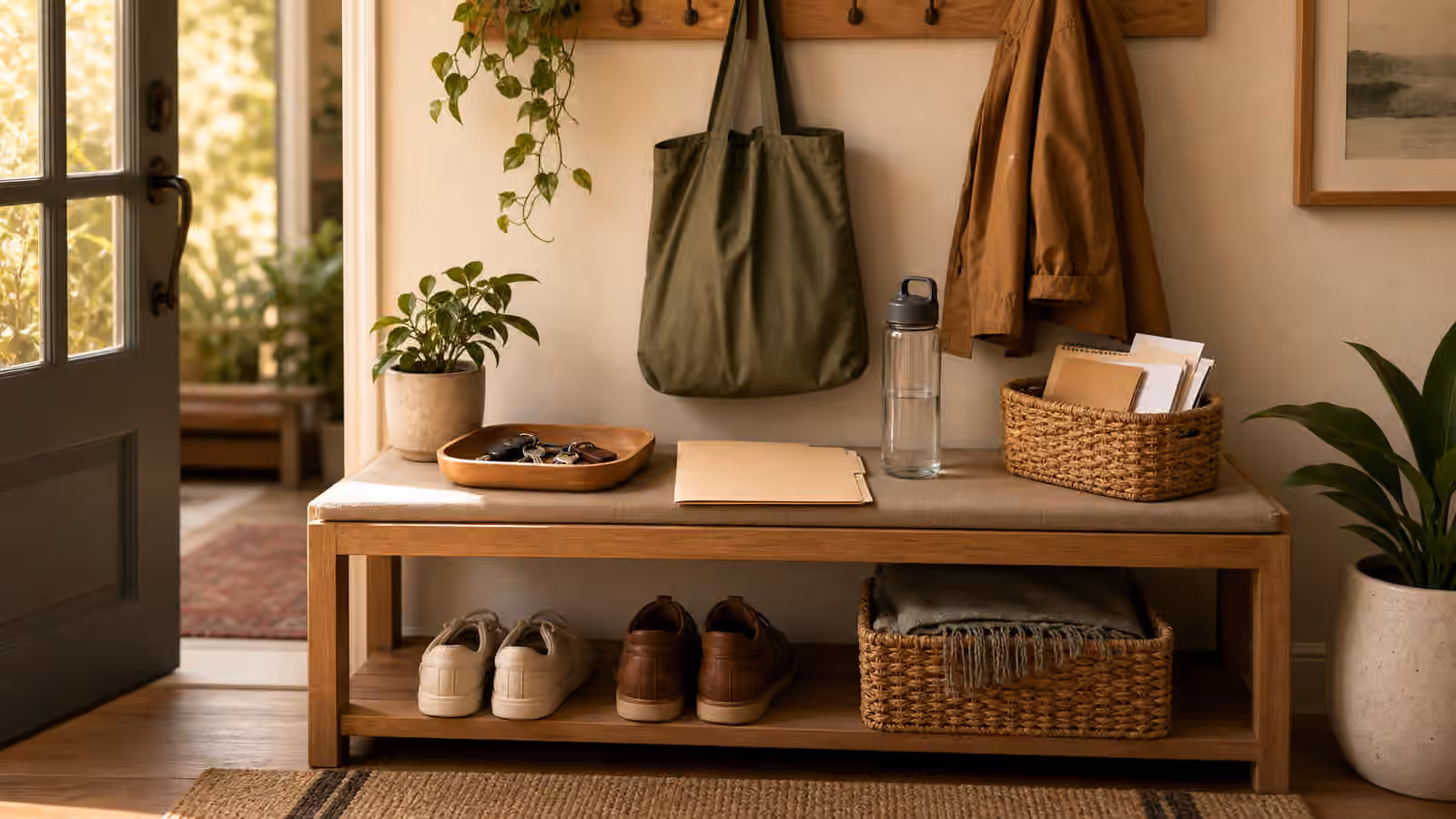 An entryway bench with keys in a tray, tote bag, folder, water bottle, shoes, jacket, baskets, and papers.