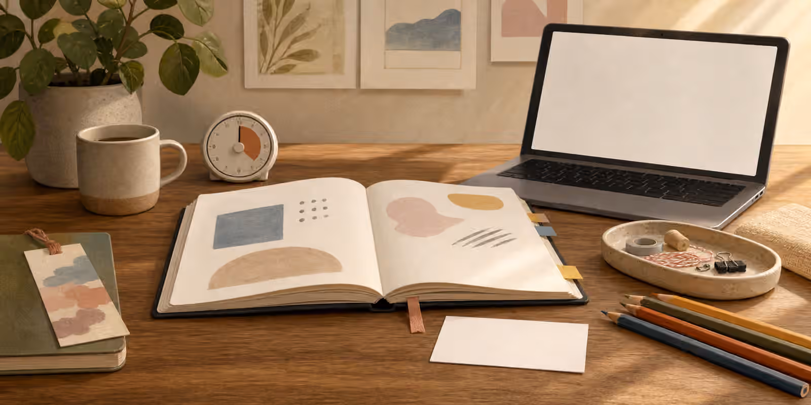 A creative desk with sketchbook, blank laptop screen, pencils, timer, materials tray, bookmark, and return card.