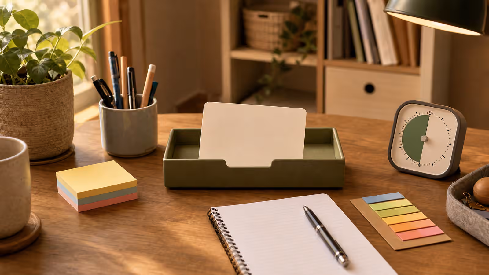 A desk with a blank card in an action tray, a timer, notebook, pen, and staged task supplies.