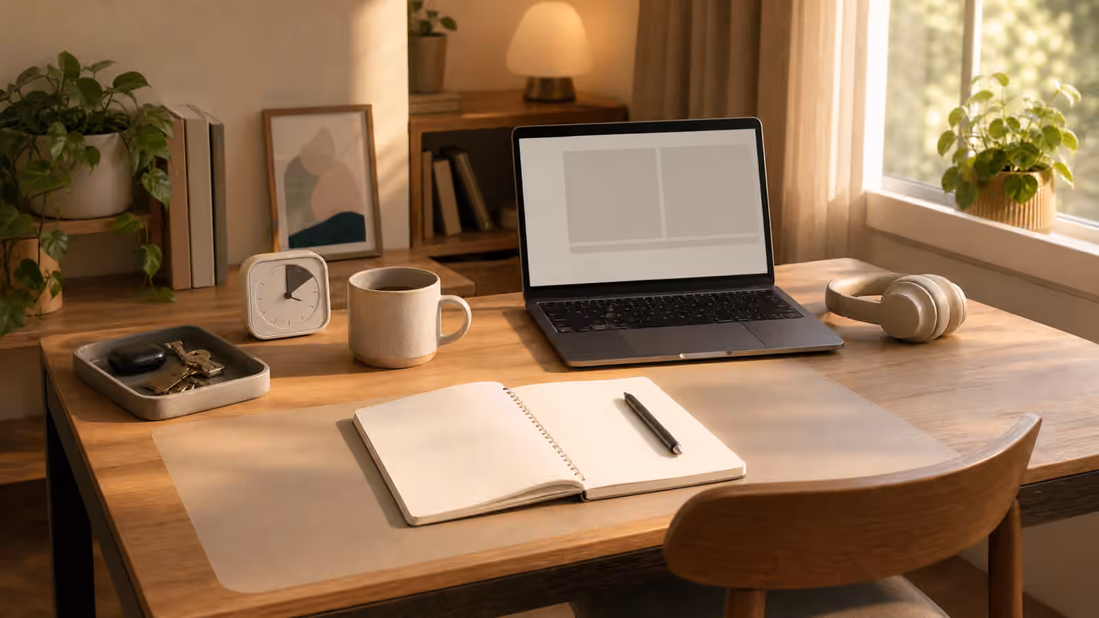 A compact desk with laptop, blank notebook, pen, tray, headphones, mug, timer, and one clear writing zone.