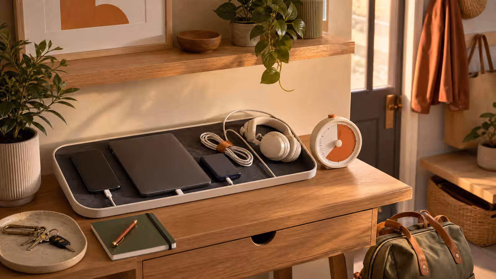 An entryway charging tray with blank devices, coiled cables, headphones, keys, notebook, bag, and timer.