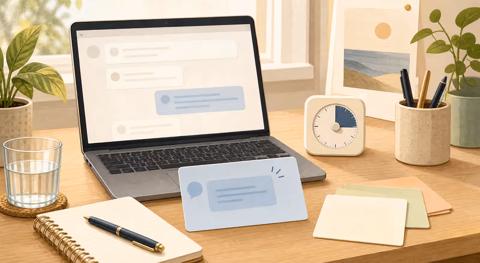 A calm desk with laptop, timer, notebook, blank sticky cards, water glass, pen, and one reply card pulled forward.