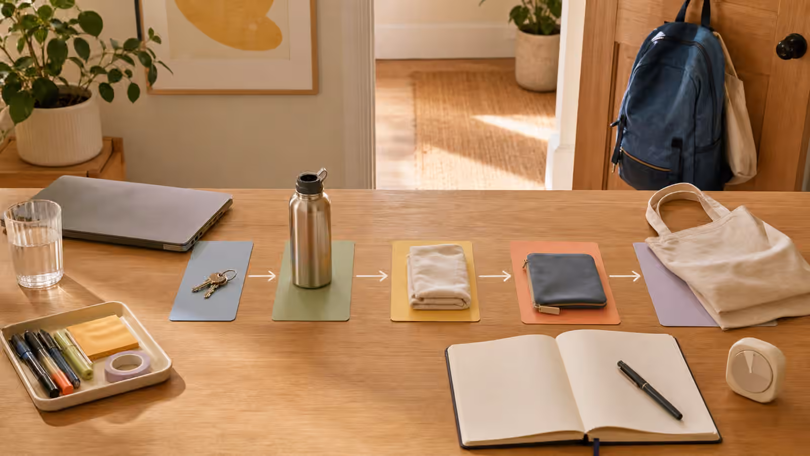 A desk and doorway with blank task cards, trays, notebook, bag, and everyday materials arranged as a visible task path.