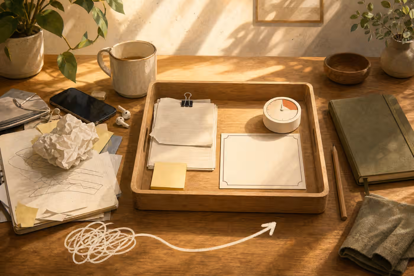 A warm desk scene where messy papers move into a clean tray beside a blank finish card, notebook, pencil, and timer.