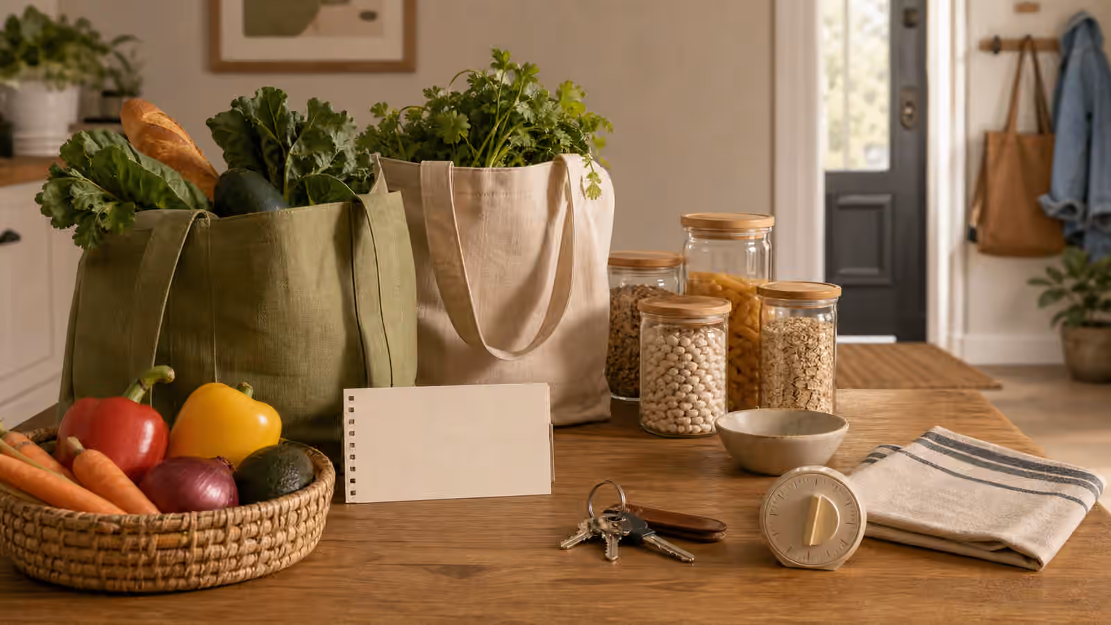 A kitchen table with reusable grocery bags, produce, pantry jars, keys, timer, towel, and a blank list card.
