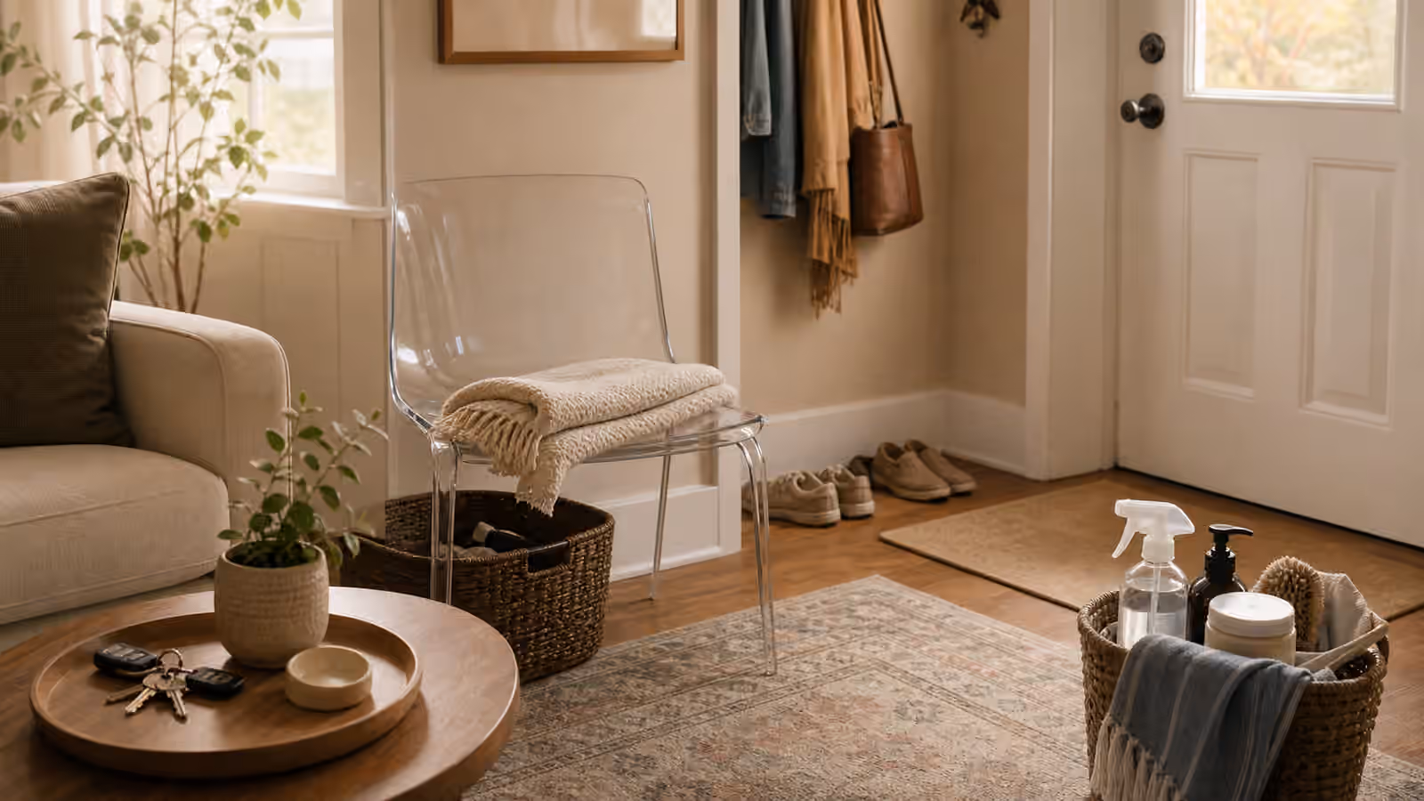 A warm entry and living room reset zone with a clear chair, basket, tray, shoes, folded blanket, and simple cleaning supplies.