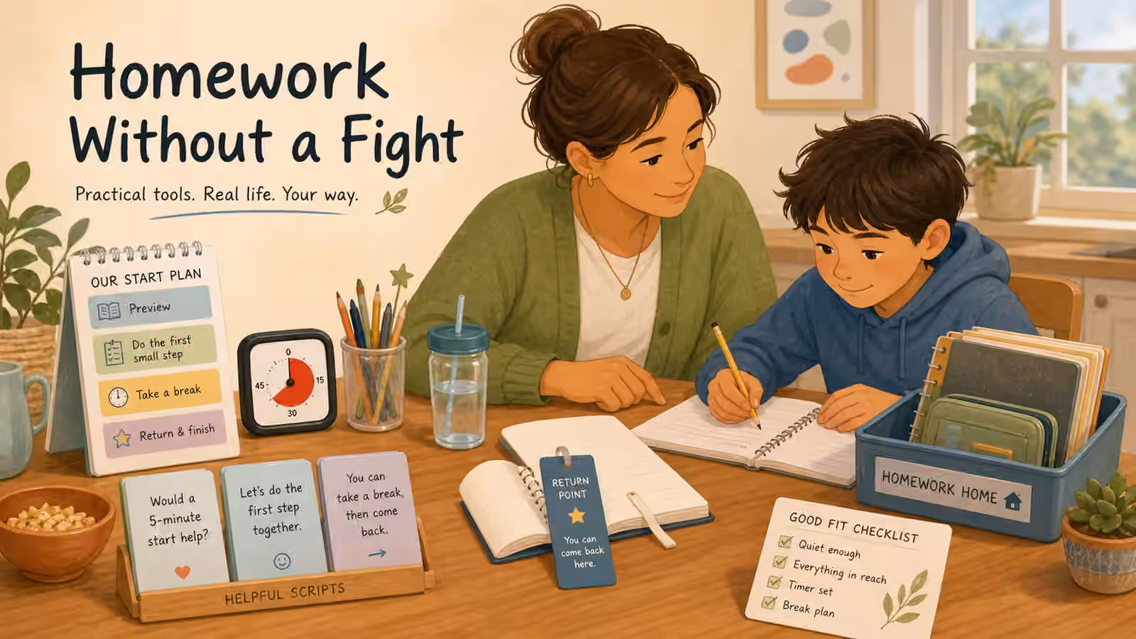 A parent and child at a table using calm checklist cards, a visual timer, snack, water, pencils, and a homework tray.