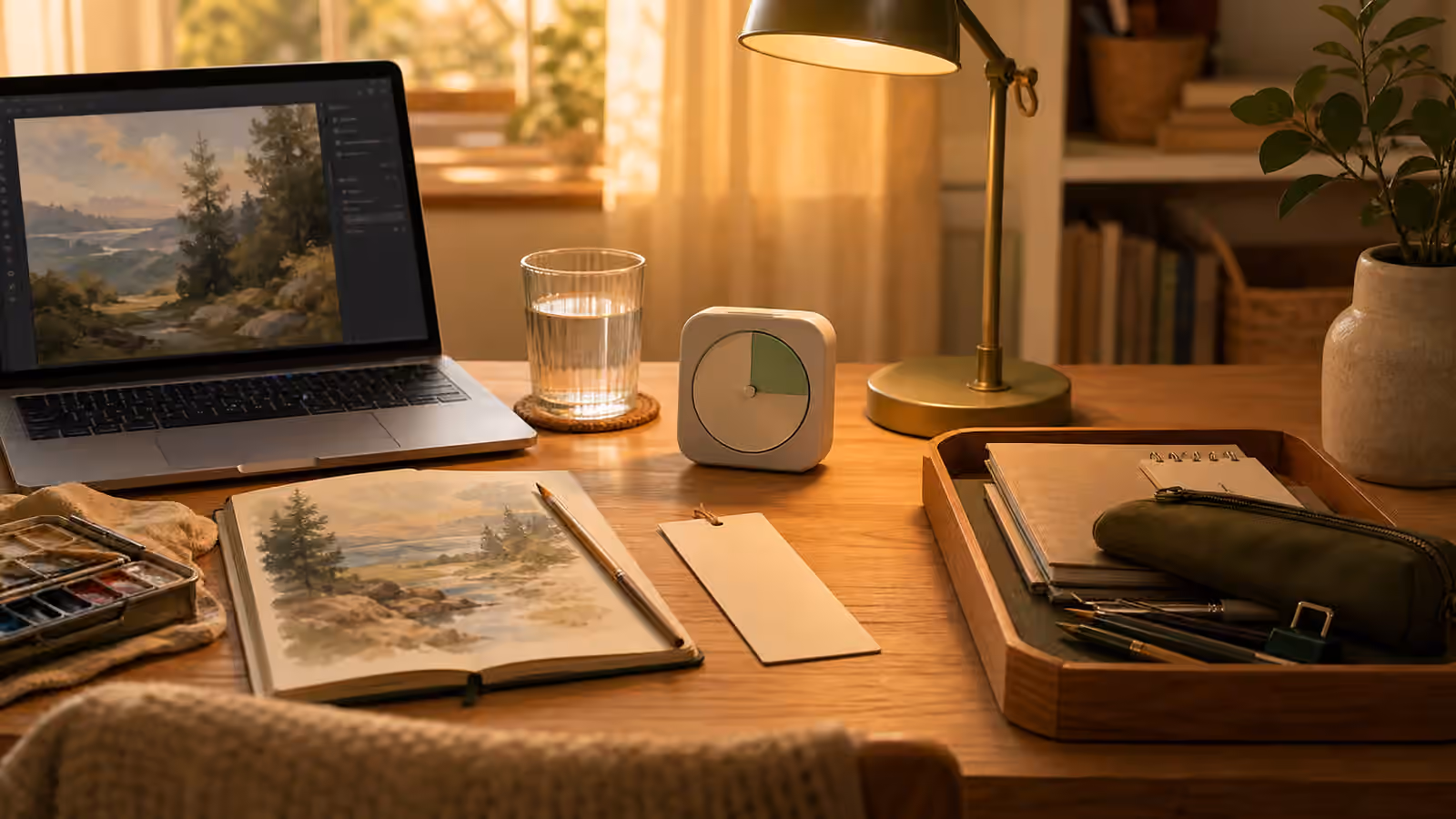 A warm desk scene with an absorbing laptop task, soft arrows, a timer, water glass, bookmark card, and tray for the next task.