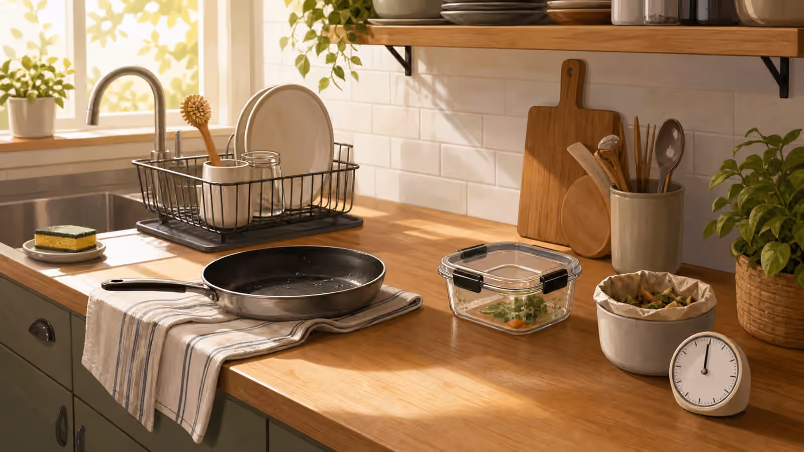 A calm kitchen counter with a rinsed pan, dish rack, sponge, towel, small trash bowl, lunch container, and timer.