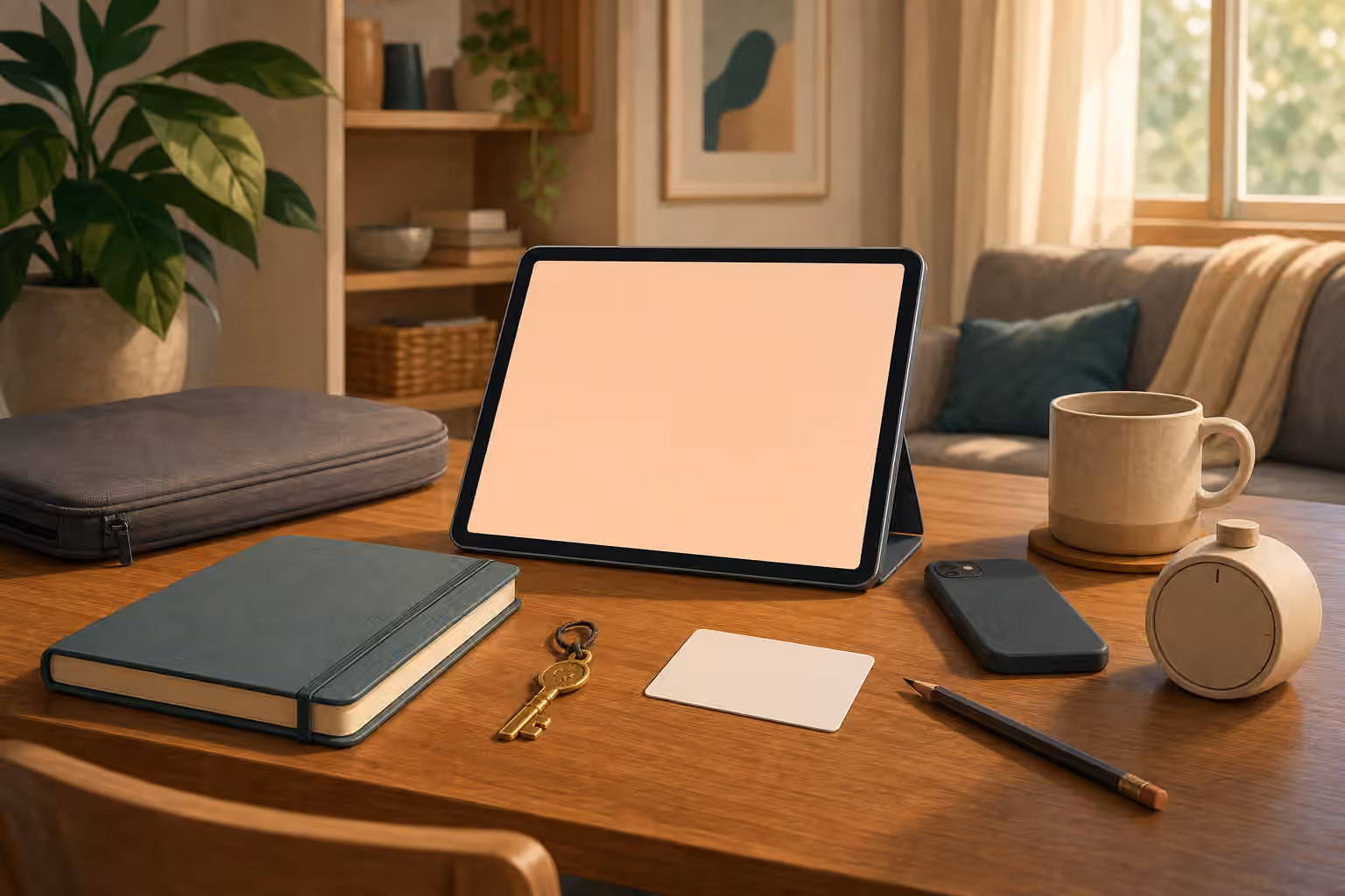 A blank tablet screen, closed notebook, key charm, phone, pencil, and timer arranged on a calm desk.