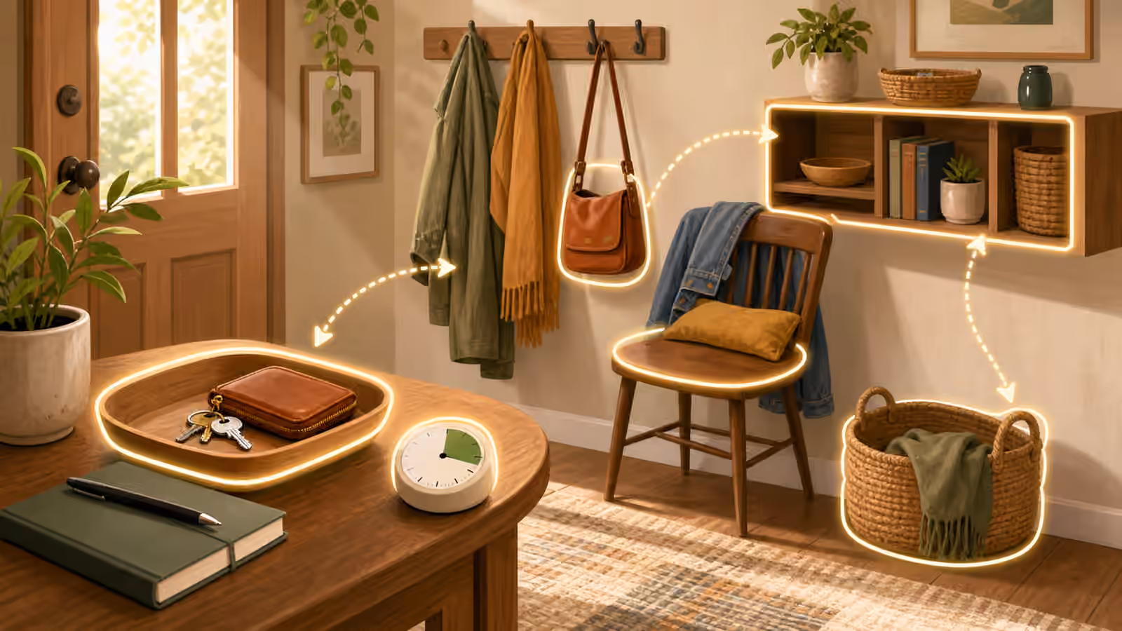 An entryway with highlighted search zones, keys, wallet, chair, bag, basket, notebook, and timer.