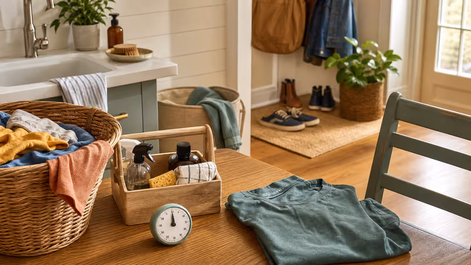 A home chore station with a laundry basket, supply caddy, visual timer, folded shirt, sink area, and shoes by the door.