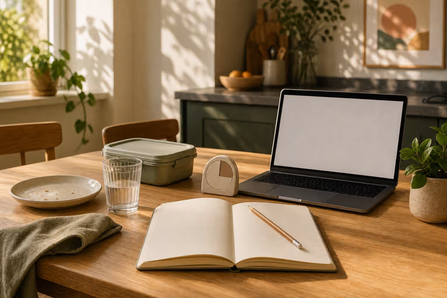 An empty lunch plate beside water, a blank notebook, pencil, timer, and laptop staged for a calm restart.