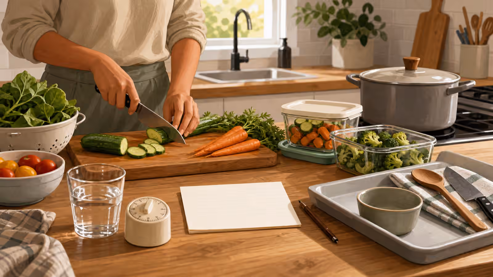 A modest kitchen counter with cutting board, vegetables, pot, containers, timer, blank recipe card, and first-tool tray.