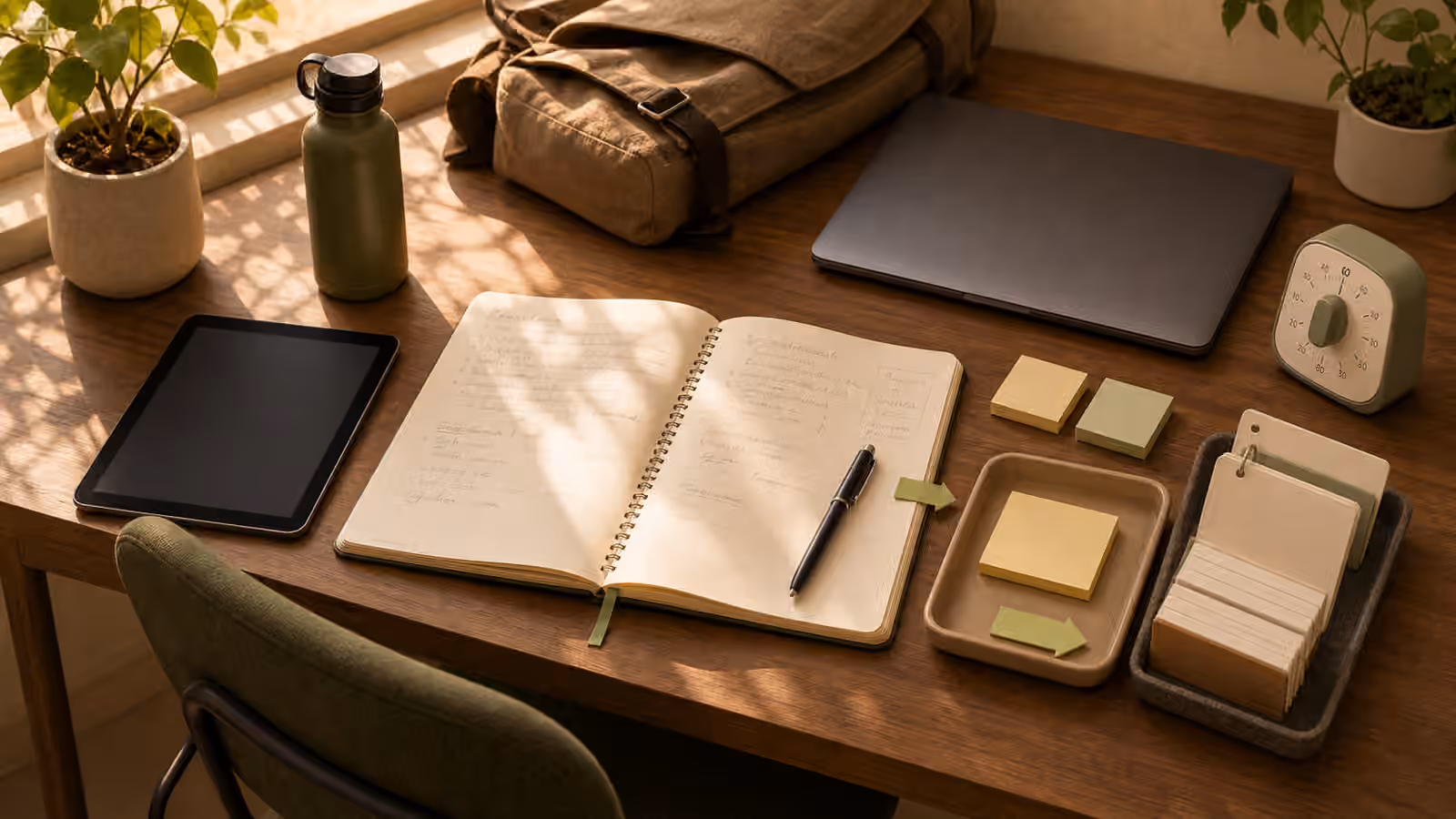 A desk after a meeting with notebook, blank sticky notes, pen, calendar cards, timer, laptop, and return marker.