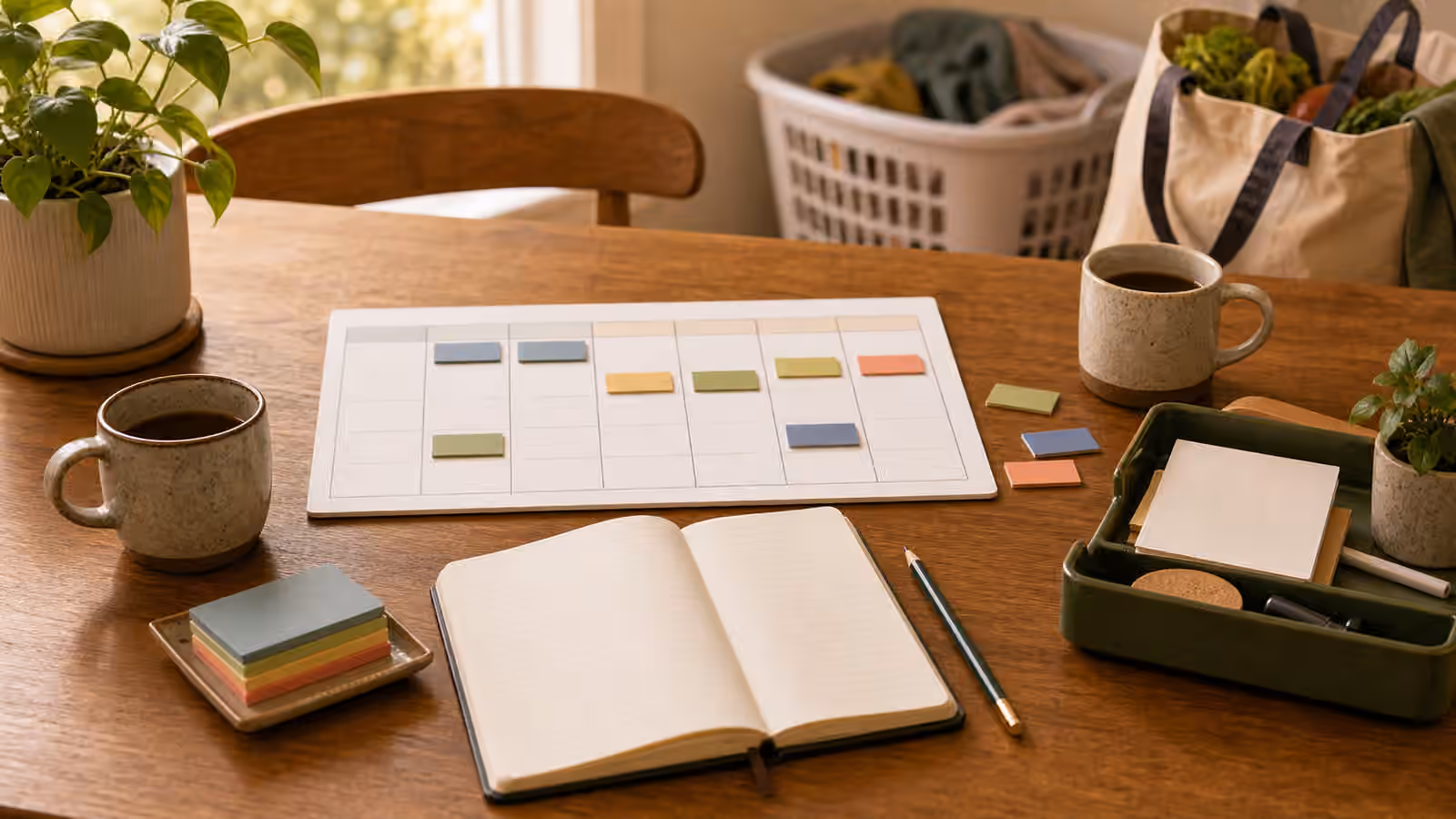 A table with a blank weekly grid, color blocks, open notebook, task tray, mug, laundry basket, and grocery tote.
