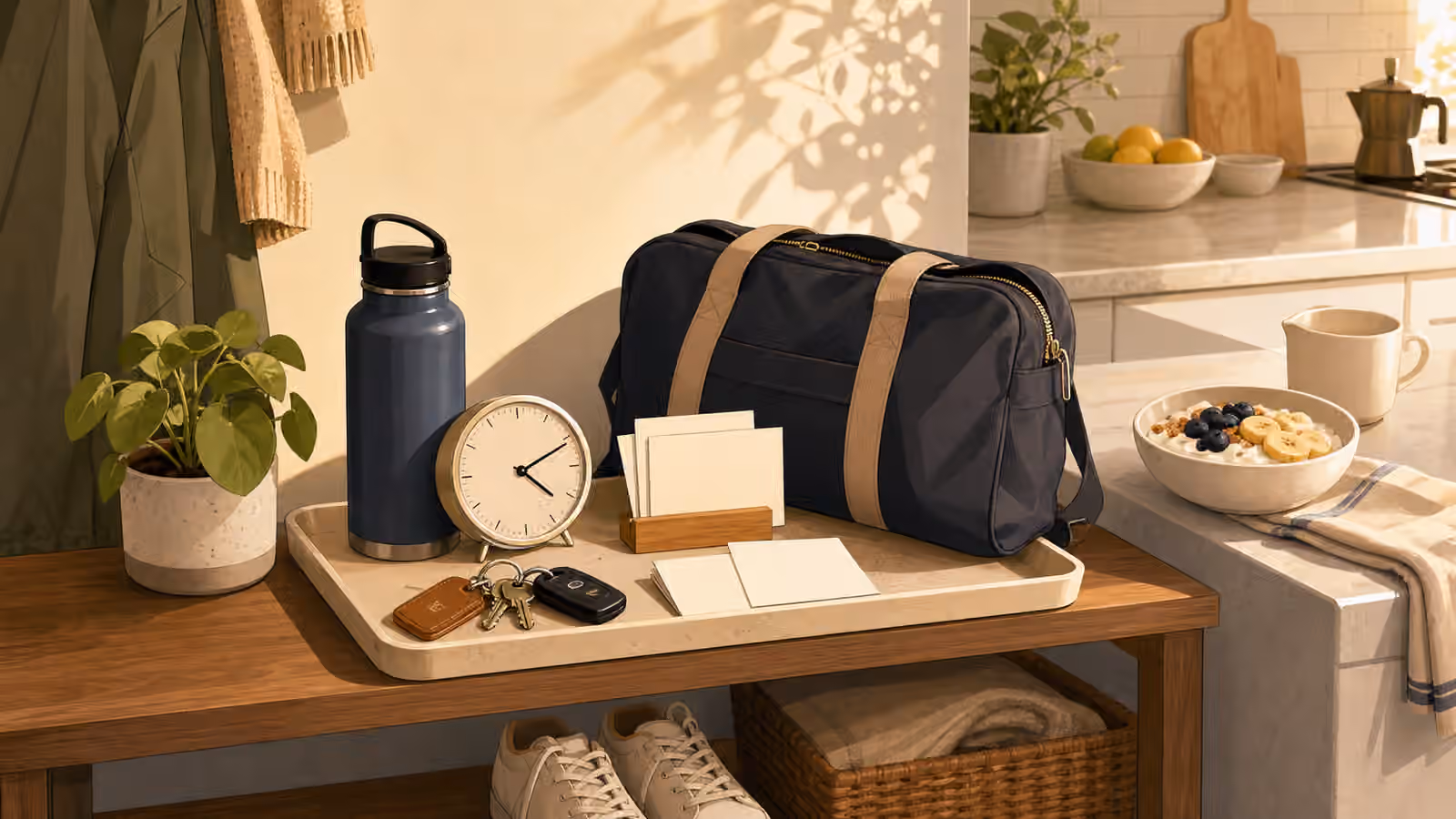 A prepared morning launch pad with a bag, keys, shoes, breakfast bowl, water bottle, clock, and blank cards.