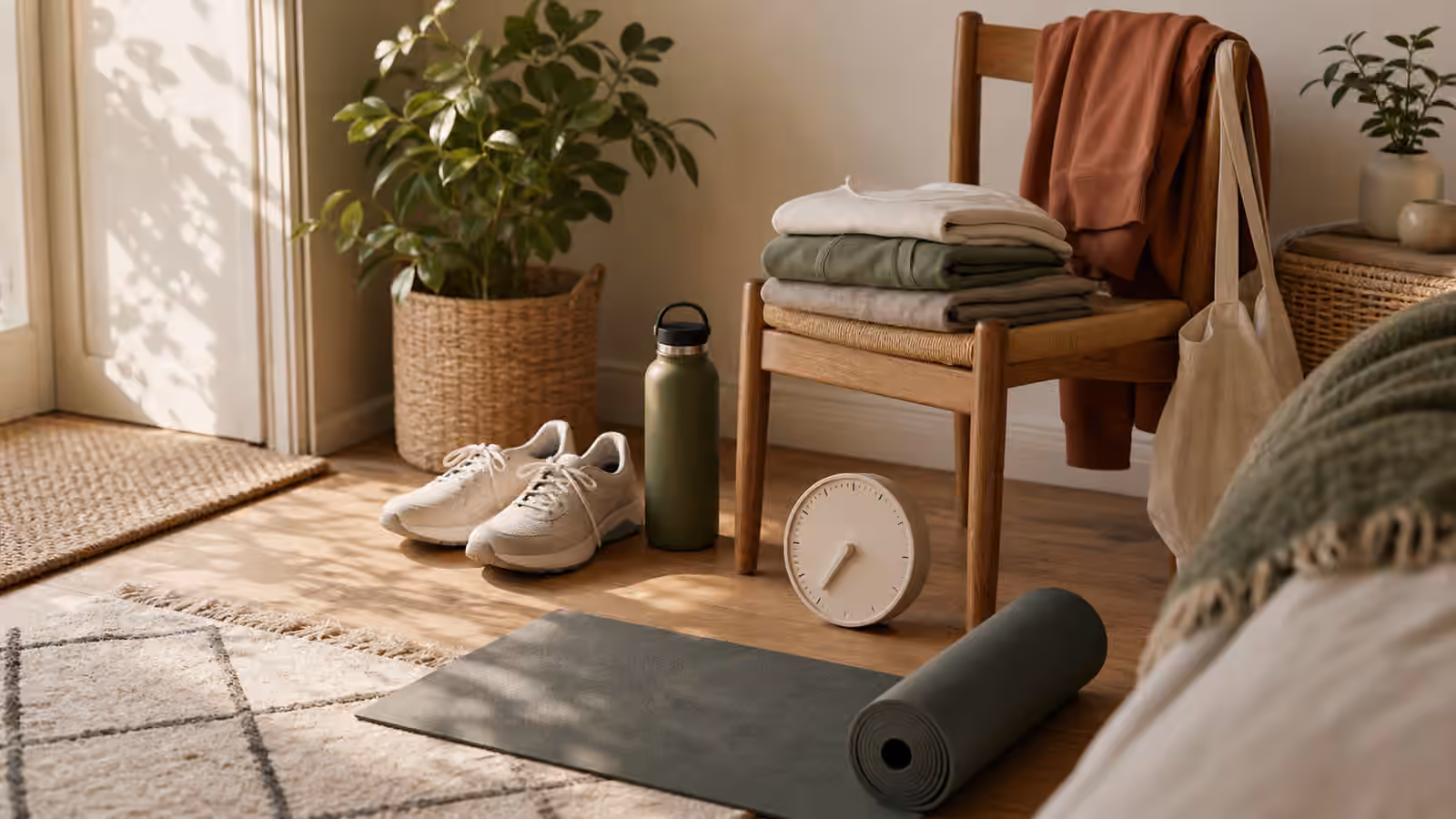 A staged movement corner with sneakers, folded clothes, water bottle, mat, chair, and a small timer.