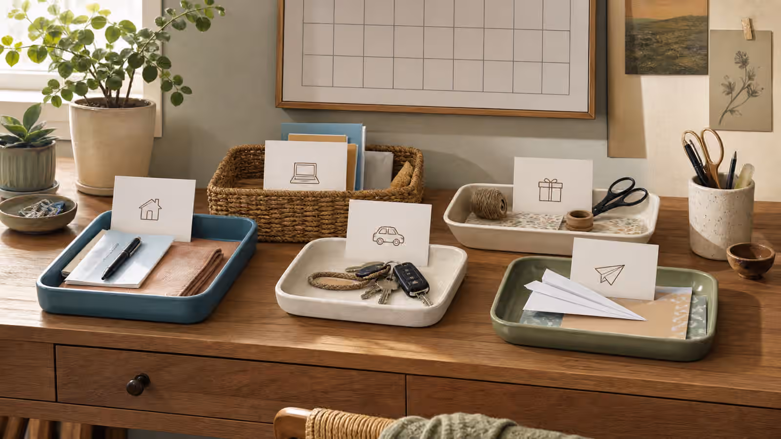 A tidy table with shallow trays, blank cards, keys, papers, craft supplies, and separate holding spots for unfinished tasks.