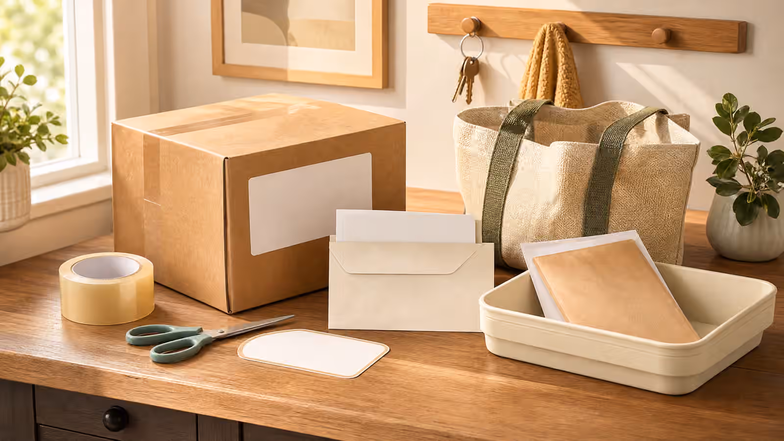 A desk with parcel, blank label, envelope, tape, scissors, tote bag, and drop-off tray.