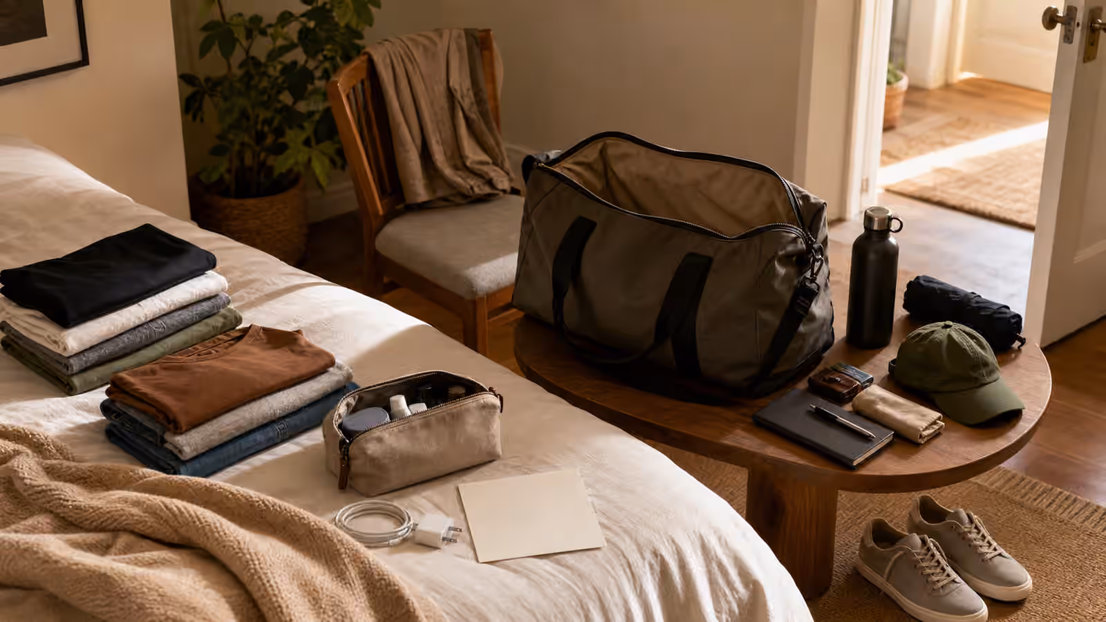 An open overnight bag with folded clothes, toiletry pouch, charger, blank card, shoes, water bottle, and notebook staged nearby.