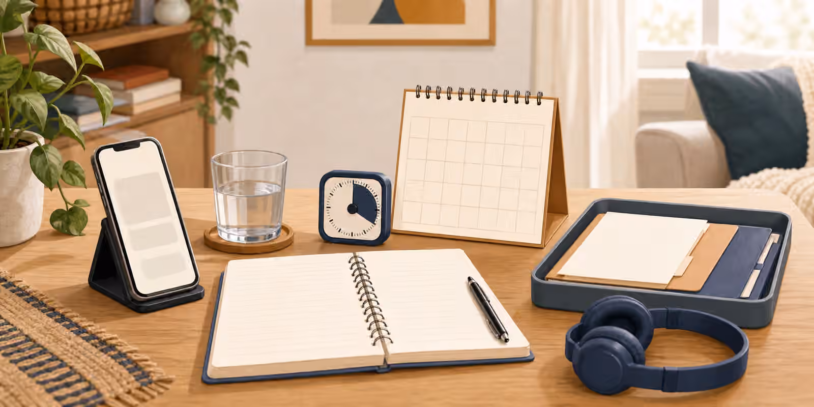 A small call station with phone, notebook, timer, blank calendar card, water glass, headphones, and document tray.