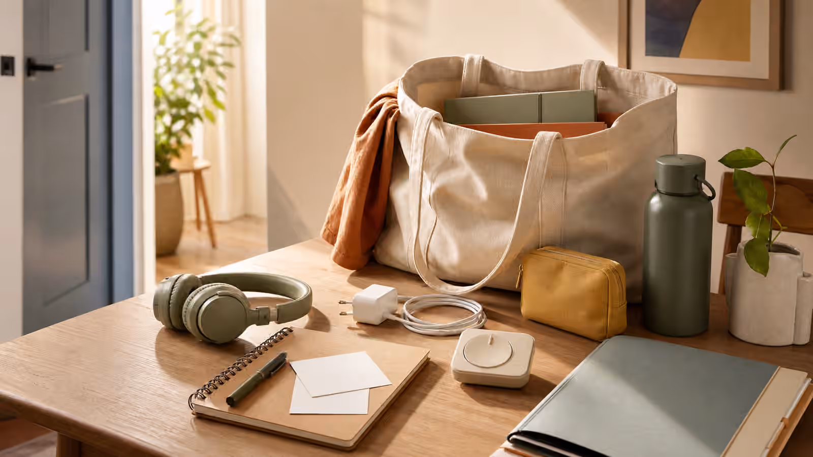 An open tote bag with notebook, pouch, headphones, charger, water bottle, blank cards, and small timer arranged on a table.