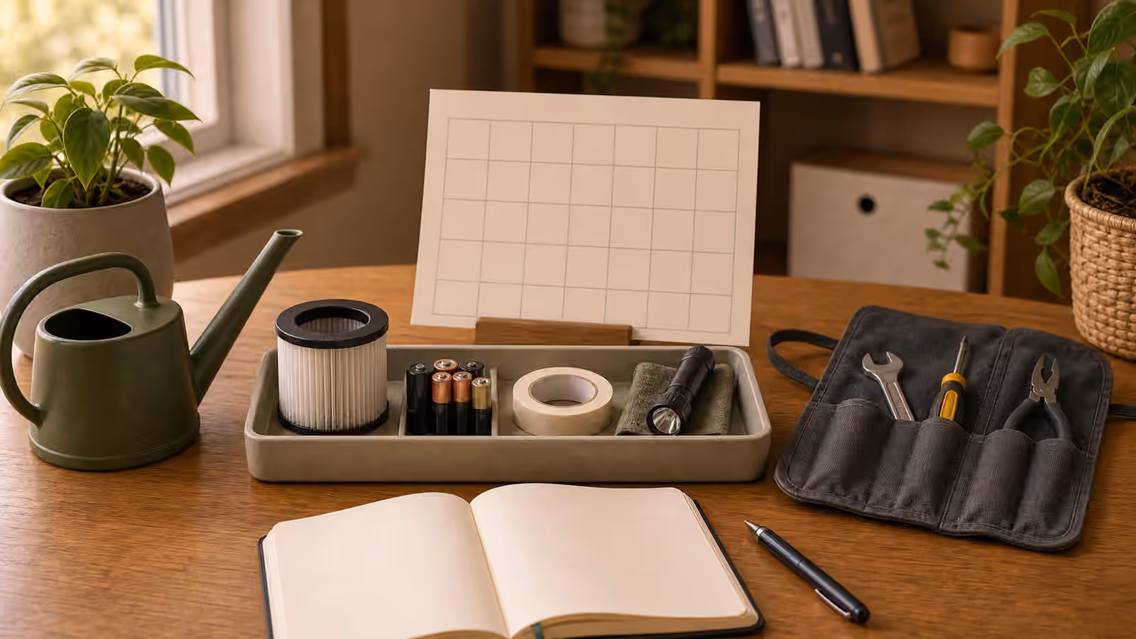 A home maintenance table with a blank calendar card, filter, batteries, watering can, tape, notebook, and small tool roll.