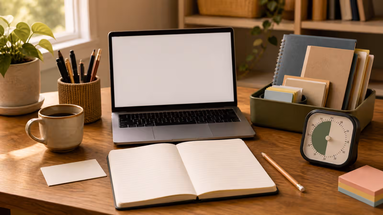 A writing desk with a blank laptop screen, open notebook, tray of reference materials, pencil, mug, and timer.