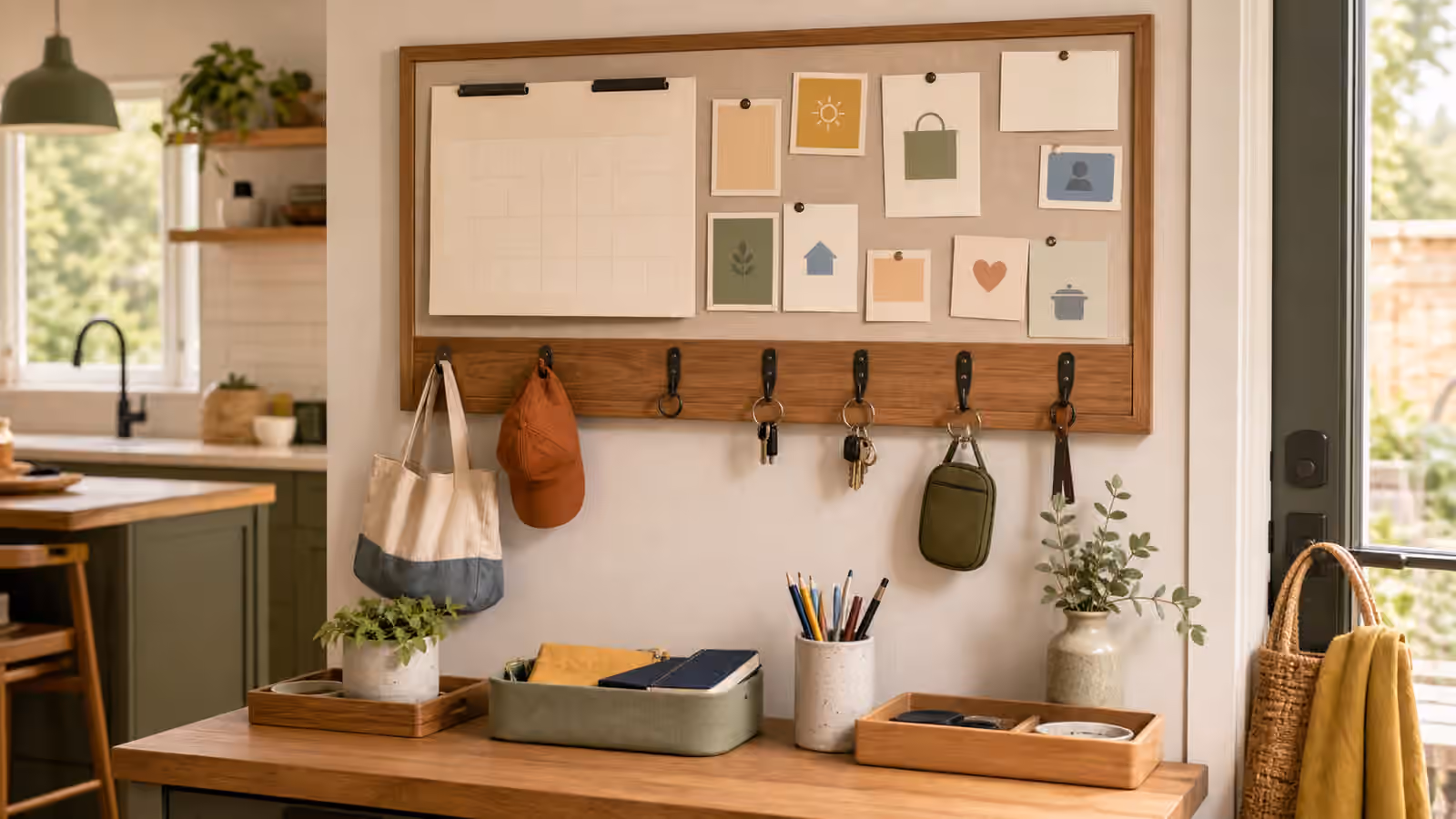 A calm entryway handoff board with blank cards, simple icons, hooks, keys, bags, trays, and pencil cup near a kitchen.