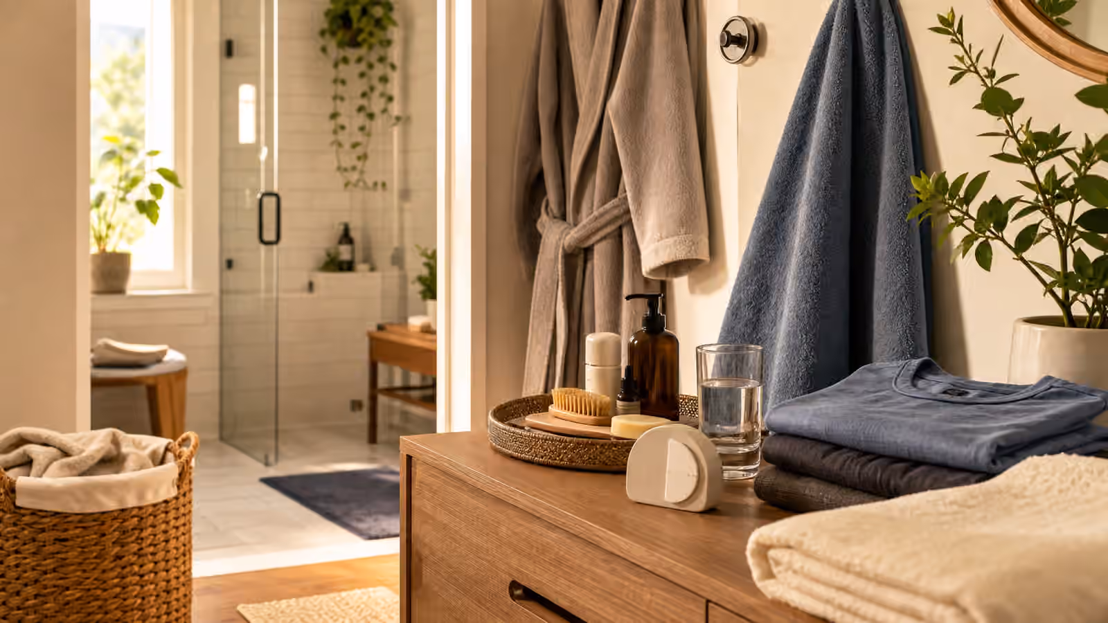 A calm bathroom start station with towels, grooming supplies, folded clothes, water, and a simple timer staged in warm light.
