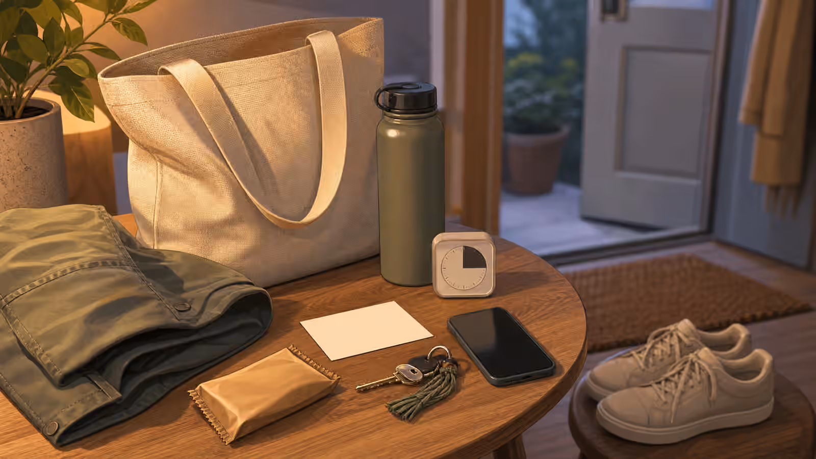 A small entry table with tote bag, shoes, keys, water bottle, folded jacket, blank card, phone, and timer.