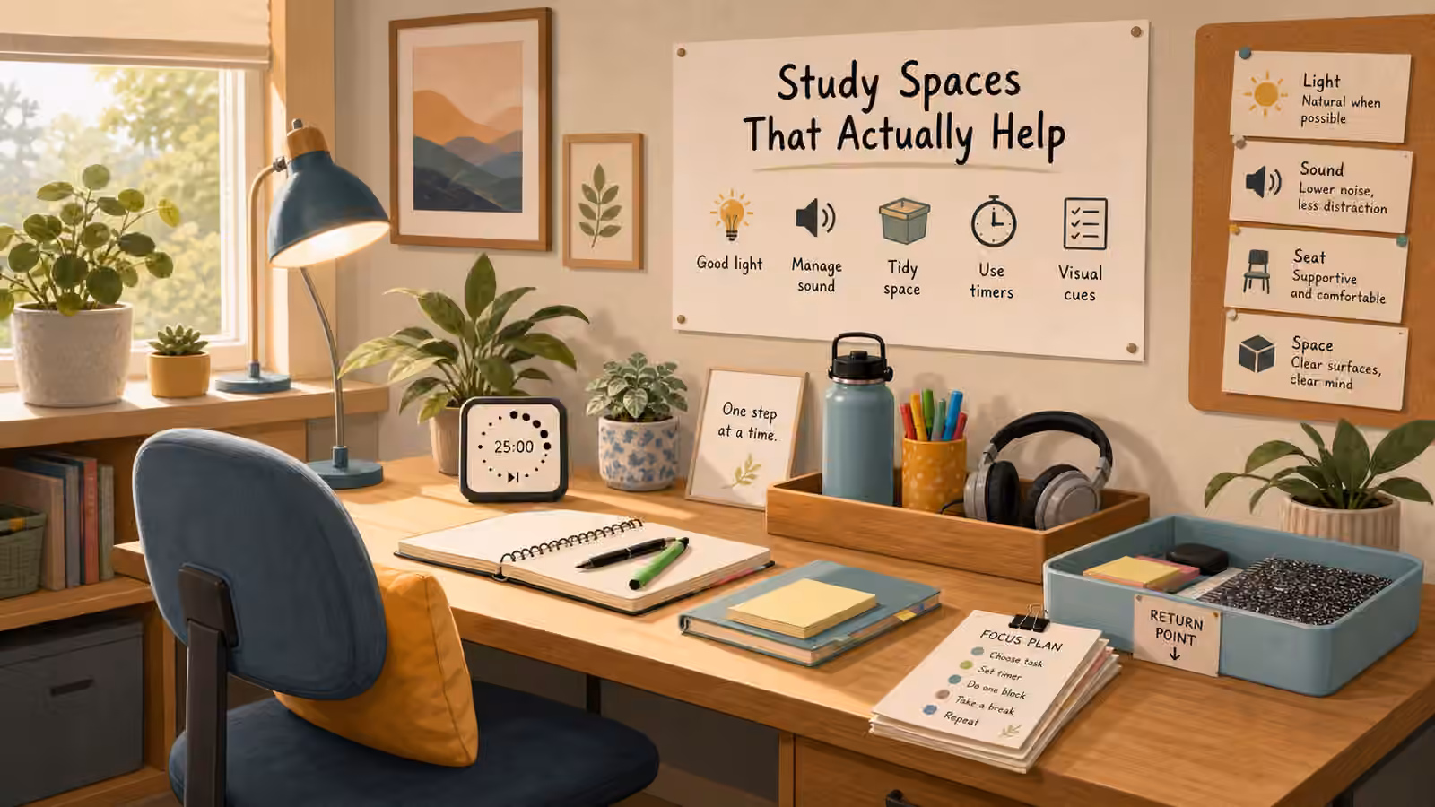 A well-arranged study nook with good light, clear desk, timer, supplies tray, headphones, water, and cue cards.