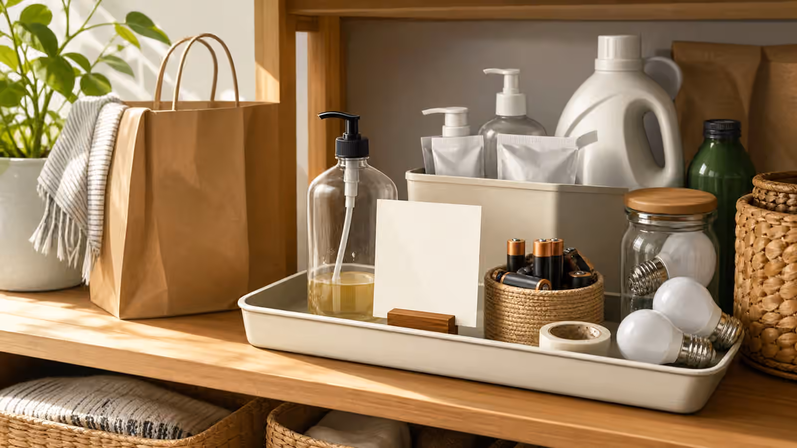 A utility shelf with household supplies, blank refill cards, tray, paper bag, and replacement items.