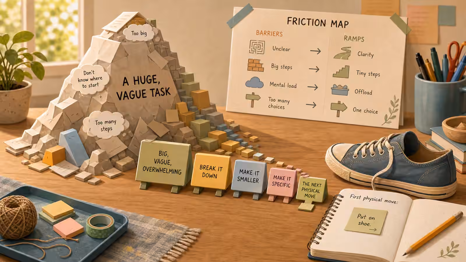 A large vague task mountain breaking into tiny first-step tiles beside a notebook, timer, and shoes.