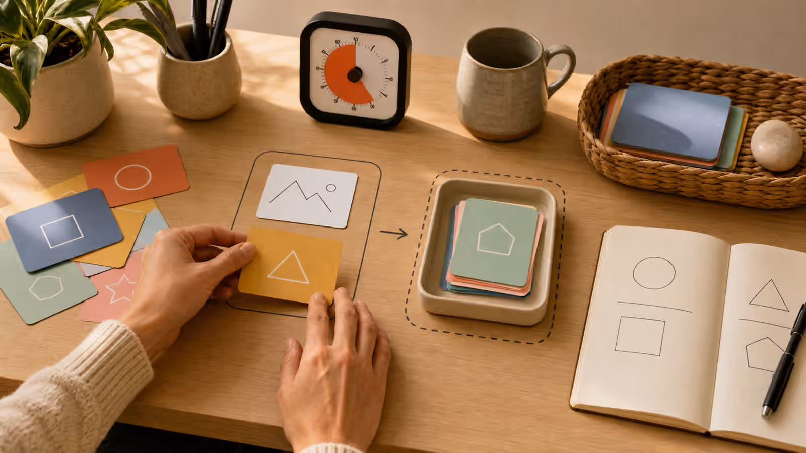 Task cards, a visual timer, a notebook, and a small tray arranged into a calm urgency triage station.