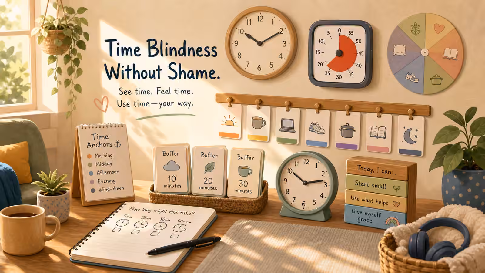A warm room with clocks, timer, calendar blocks, sunlight cues, buffer cards, and visible time anchors.