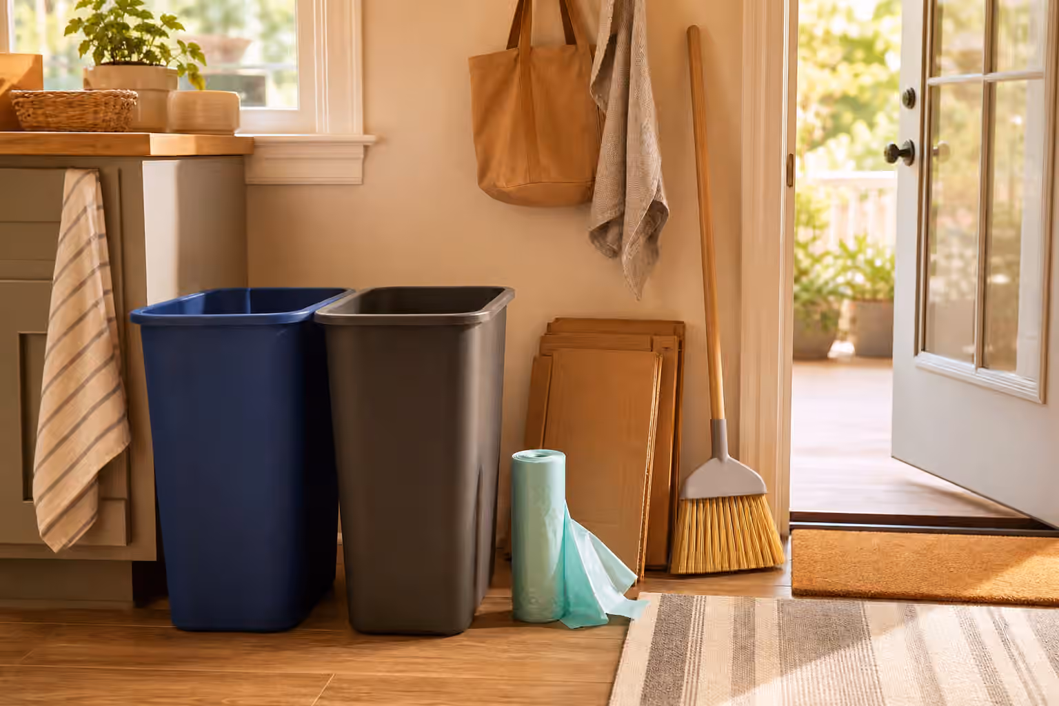Two plain household bins, a roll of bags, blank cardboard, broom, and clear doorway path in a calm utility corner.