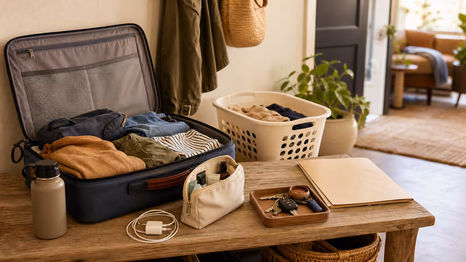 An open suitcase on a bench with laundry basket, toiletry pouch, charger, keys tray, folder, and water bottle.