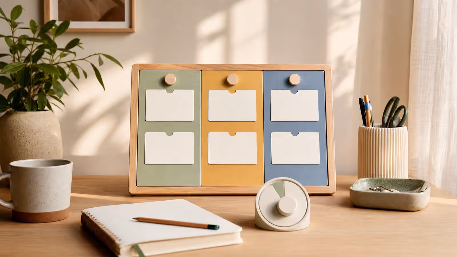 A simple three-zone task board on a sunny desk with blank cards, timer, notebook, tray, and everyday supplies.