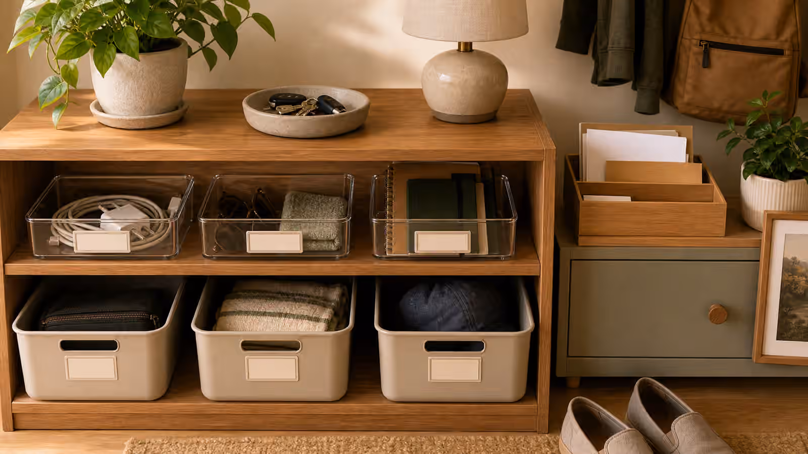 An entry shelf with clear trays, open bins, a key bowl, folded cloth, and blank labels.