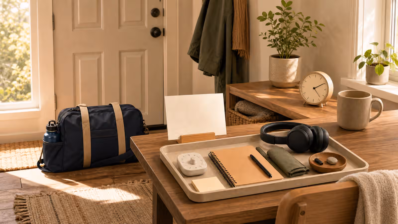 A staged bag, blank appointment card, timer, notebook, headphones, water bottle, and bridge-task tray near a door and desk.